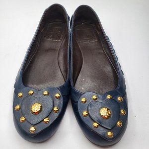 Tory Burch Navy Leather Flats with Heart and Gold Accent 7.5M